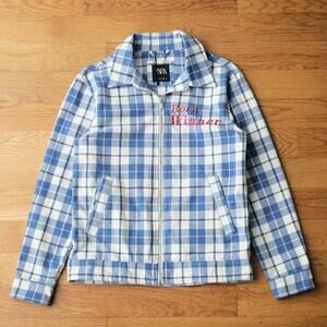 Zara Born Winner Plaid Bomber Jacket in Blue White Plaid Men Size S Retro Casual